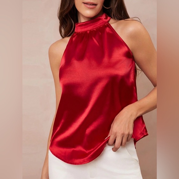 Elegant Red Halter Top Solid Neck Ruched Satin Blouse BRAND NEW NEVER WORN - Picture 4 of 10